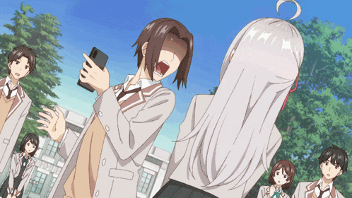 a group of anime characters are standing around a girl holding a phone