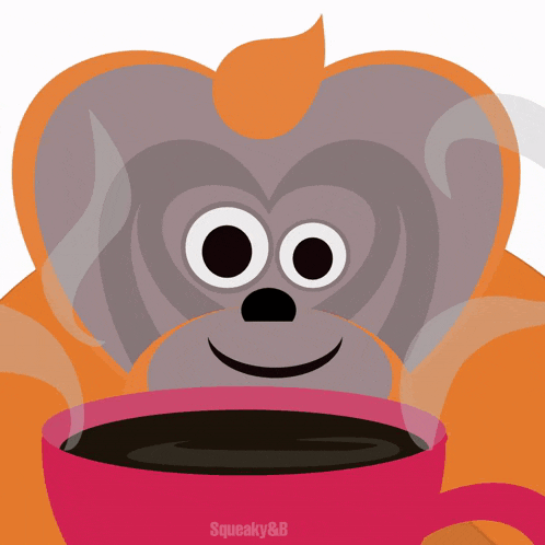 a cartoon of a monkey holding a cup of coffee with the words squeaky & b on the bottom