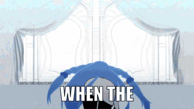 a cartoon drawing of a person with blue hair and the words when the