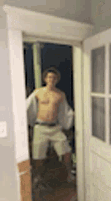 a shirtless man is standing in a doorway in a room .