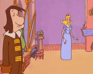 a woman in a blue dress is standing next to a man in a cartoon .