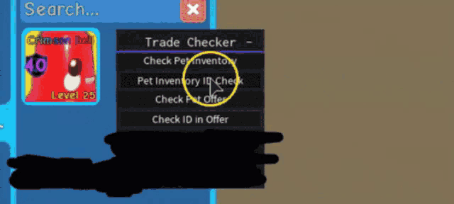 a screen shows a trade checker with a yellow circle around it