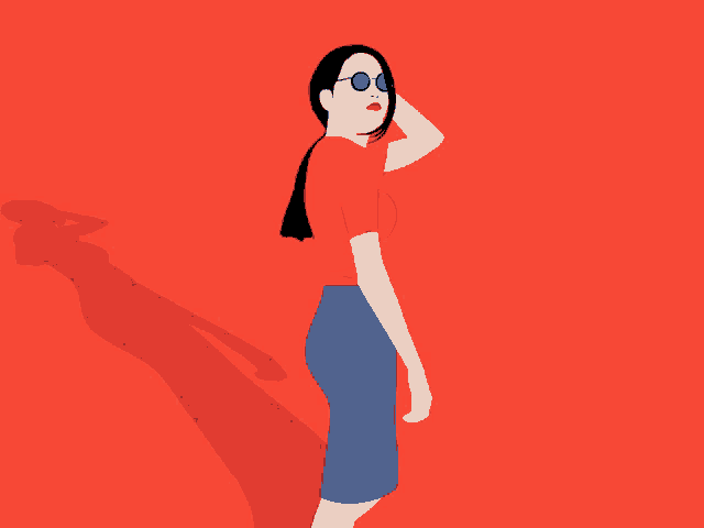 a woman in a red shirt and blue skirt is standing in front of a red wall