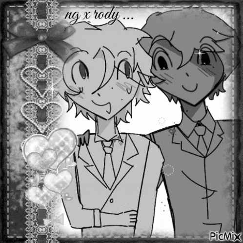 a black and white drawing of two boys with the words ng x rody written above them