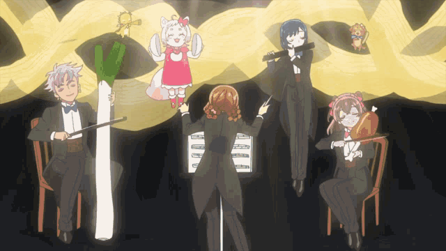 a group of cartoon characters are playing musical instruments including a violin