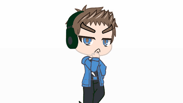 a boy wearing headphones and a blue jacket is standing on a white background .