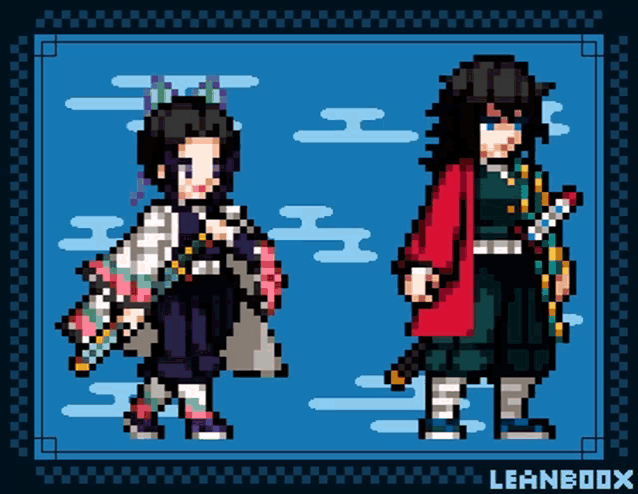 a pixel art drawing of a man and a woman with leanbox written on the bottom
