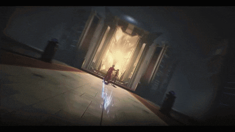 a group of people are standing in front of a doorway with a light coming out of it