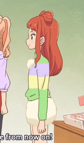 a girl in a rainbow sweater is standing next to another girl with the words " e from now on " below her