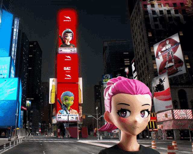 a cartoon girl with pink hair stands in front of a billboard that says ' ufc ' on it