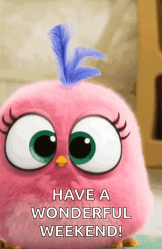 a pink angry bird with a blue feather on its head wishes you a wonderful weekend