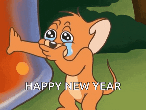 jerry from tom and jerry is crying with the words happy new year below him
