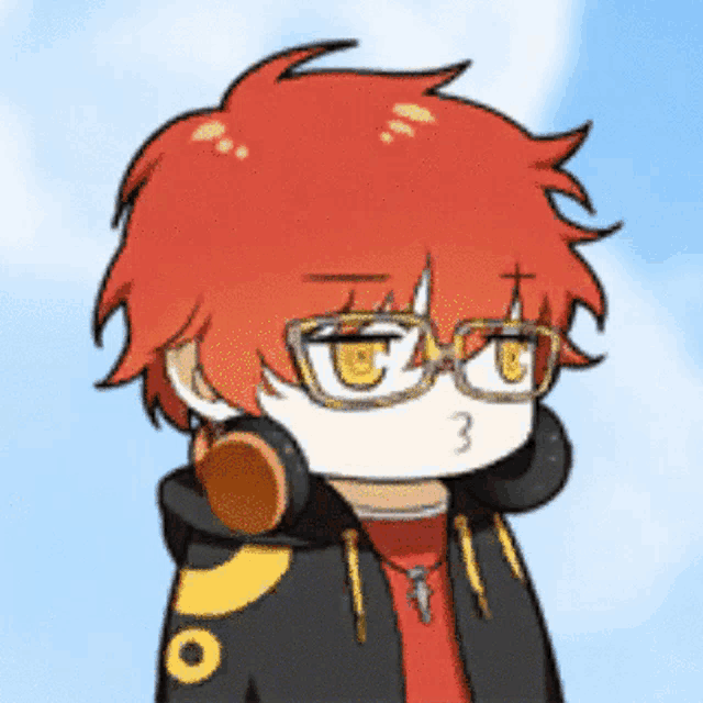 a cartoon character with red hair and glasses wearing headphones .