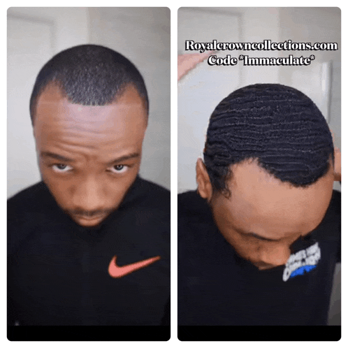 a before and after photo of a man 's hair with the website royalcrowncollections.com