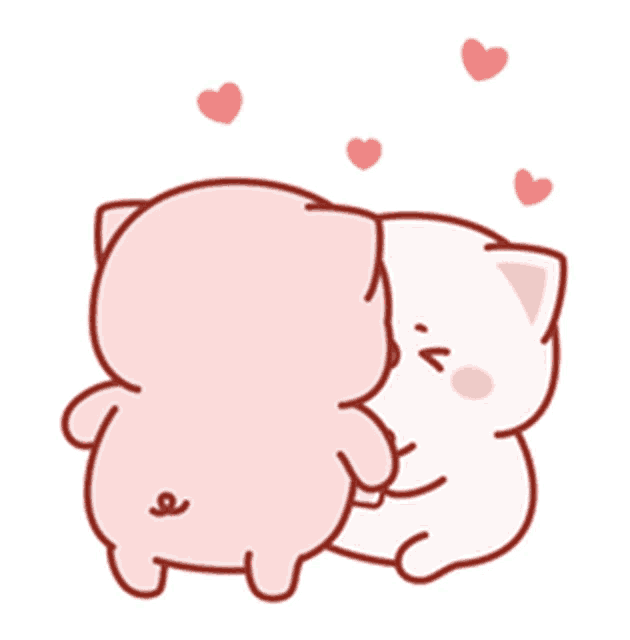 a couple of pink pigs are hugging each other with hearts flying around them .