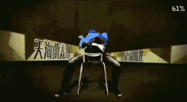 a man is sitting on a chair in front of a caution tape with chinese characters on it