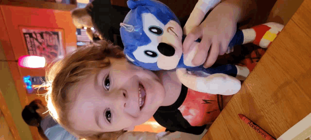 a young boy is holding a stuffed sonic the hedgehog toy