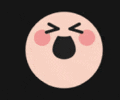 a cartoon smiley face with a black mouth and pink cheeks .