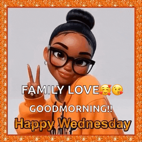 a cartoon girl wearing glasses and a bun is giving a peace sign and wishing everyone a happy wednesday .
