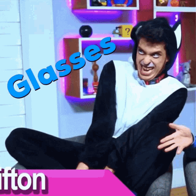 a man in a cat costume with the word glasses written on the bottom