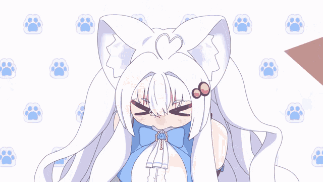 a girl with white hair and black gloves is surrounded by paw prints