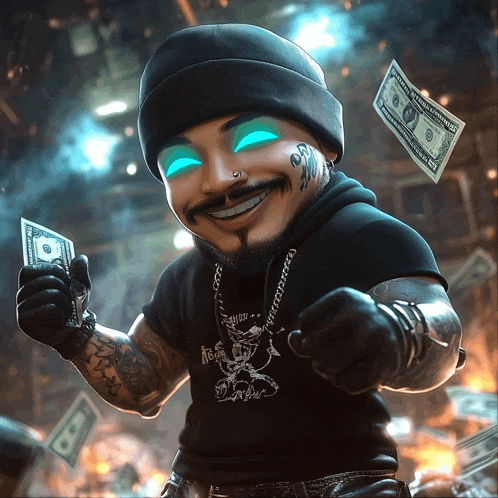 a man wearing a black shirt with a skull on it is holding a 20 dollar bill