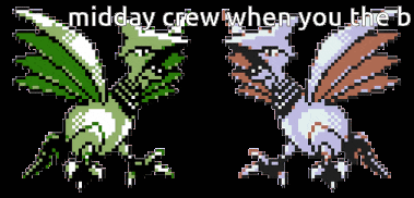 a pixel art of a bird with the words midday crew when you the b below it