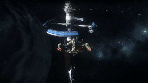 a space station with a blue ring around it is in the middle of space