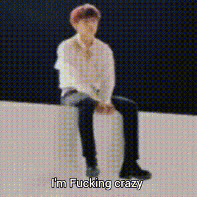 a man is sitting on a ledge with the words `` i 'm fucking crazy '' written on the bottom .
