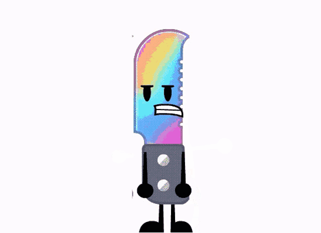 a cartoon drawing of a rainbow colored knife with a face