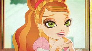 a cartoon girl with a braided hair and green eyes