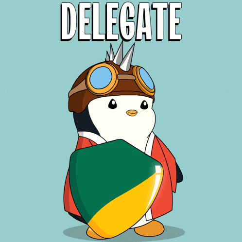a penguin wearing a helmet and goggles is holding a shield and the word delegate is above it