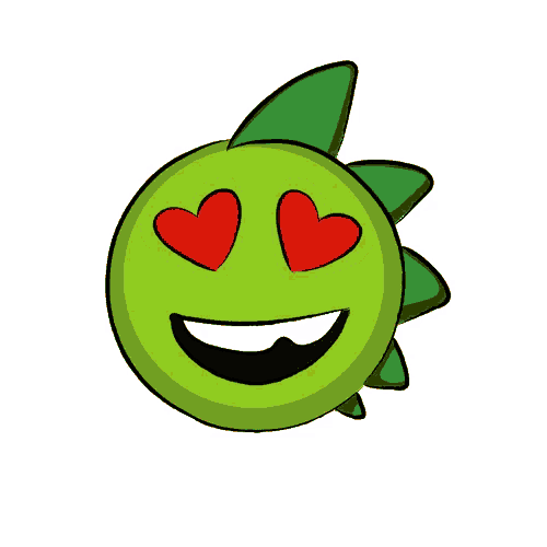a green smiley face with heart shaped eyes