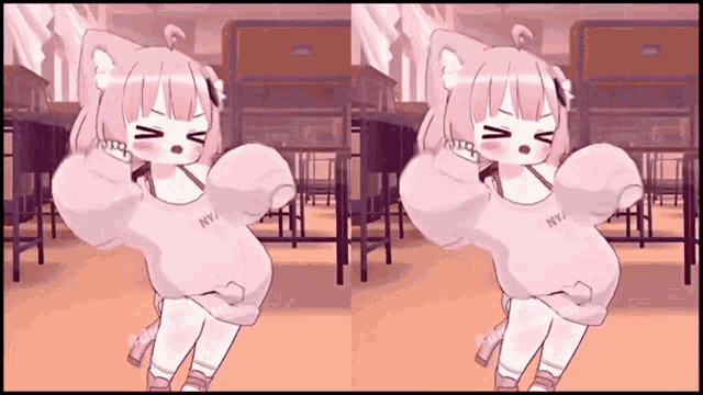 a pink anime girl with ny on her shirt is dancing in a classroom