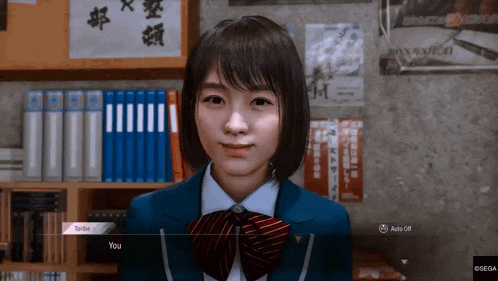 a girl in a school uniform is talking to someone in a video game ..