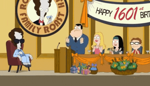 a group of cartoon characters in front of a banner that says happy 1601 at the top