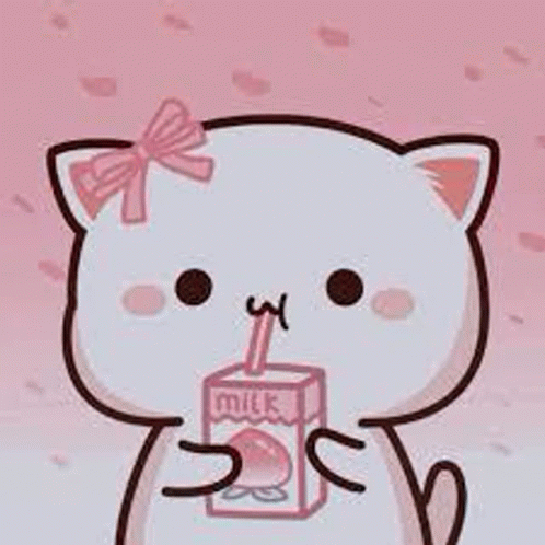 a cartoon cat with a bow on its head is drinking a box of milk through a straw .