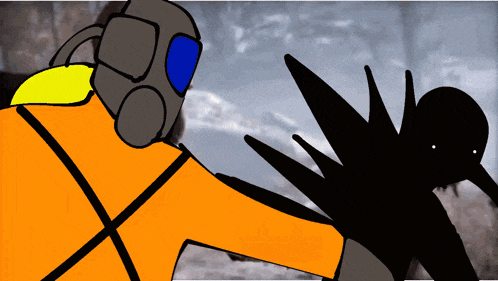 a drawing of a man wearing a gas mask and an orange jacket