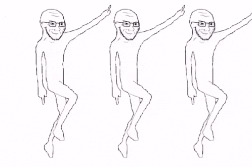 three drawings of a man with glasses are dancing together