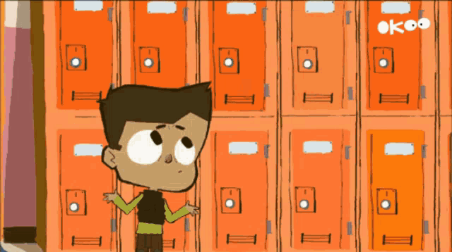 a cartoon of a boy standing in front of a wall of orange lockers with the letters ok on the bottom