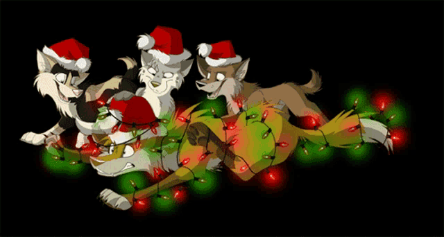 three cartoon animals wearing santa hats are laying on christmas lights