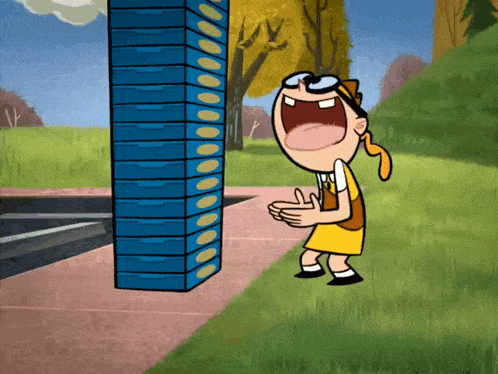 a cartoon character is standing next to a stack of blue boxes