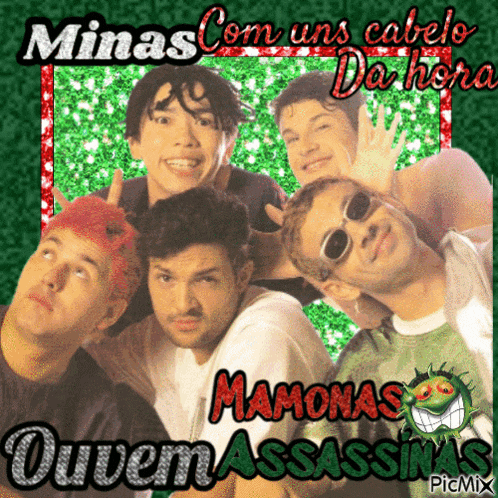 a group of men posing for a picture with the words minas com uns cabelo da hon on the top