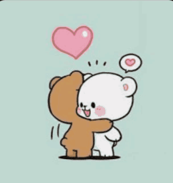 a couple of teddy bears hugging each other with a pink heart above them .