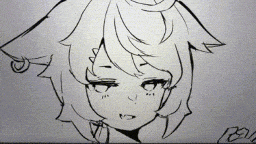 a black and white drawing of a girl with a cat ear and the letters pen on the bottom right