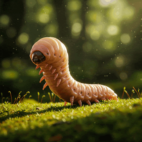 a close up of a caterpillar in the grass with a blurry background