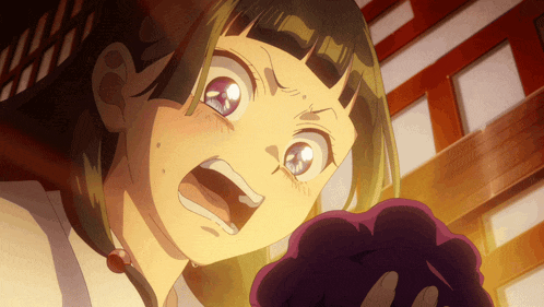a girl with a surprised look on her face is holding a purple object