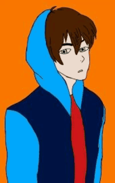 a boy wearing a blue hoodie and a red tie is standing in front of an orange background .
