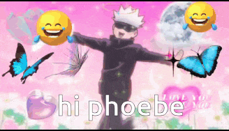 a man with his arms outstretched is surrounded by butterflies and smiley faces and the words hi phoebe