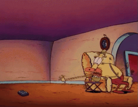a cartoon character is playing a guitar in a living room